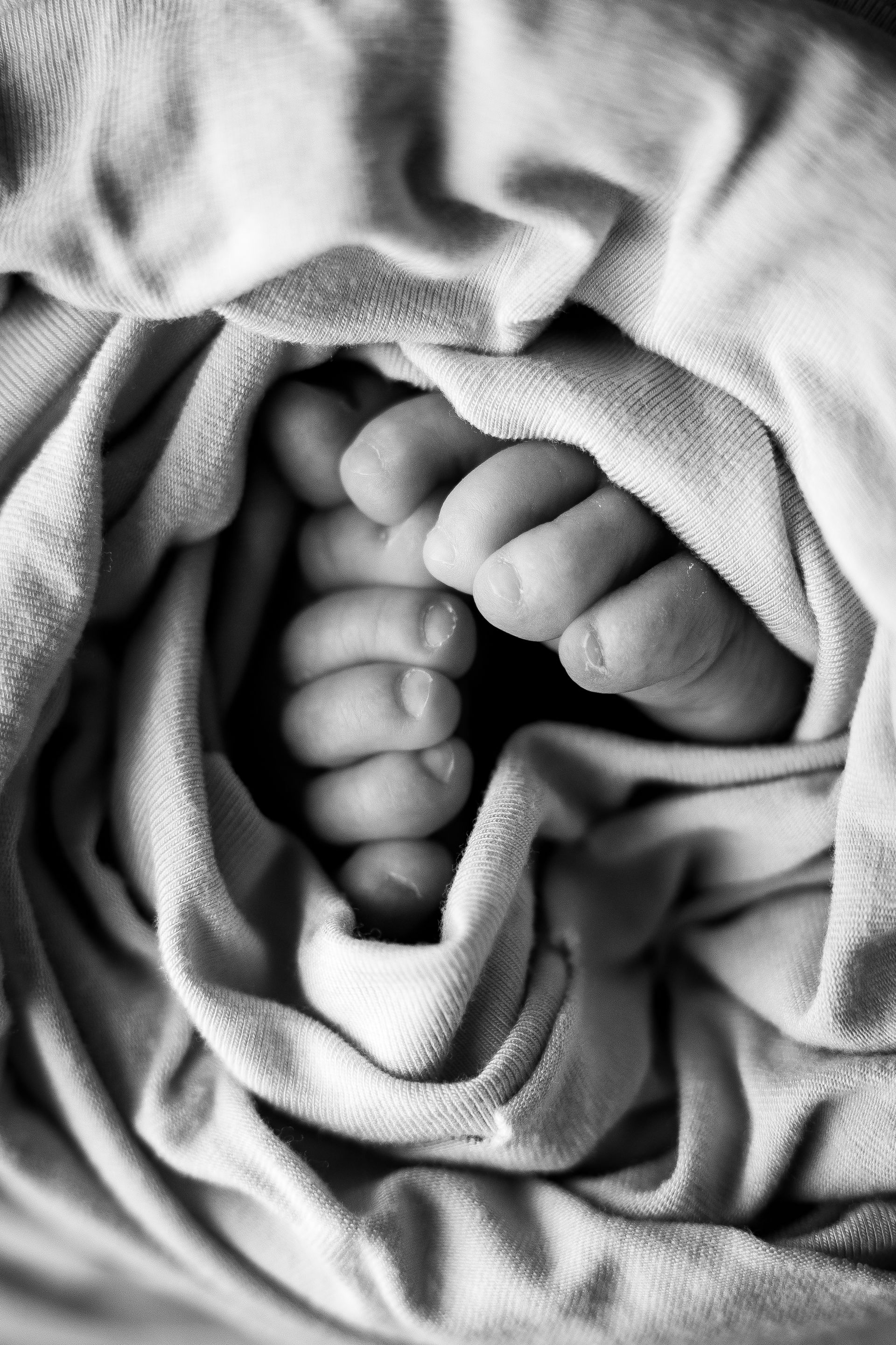Piedini raggomitolati che emergono dalle pieghe di un telo morbido, contrasti forti in monocromia